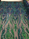 Big Damask Sequins Fabric - Iridescent Jade - 4 Way Stretch Damask Sequins Design Fabric By Yard