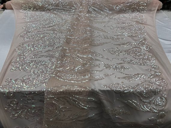 Big Damask Sequins Fabric - Iridescent Pink - 4 Way Stretch Damask Sequins Design Fabric By Yard
