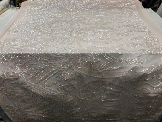 Big Damask Sequins Fabric - Iridescent Pink - 4 Way Stretch Damask Sequins Design Fabric By Yard