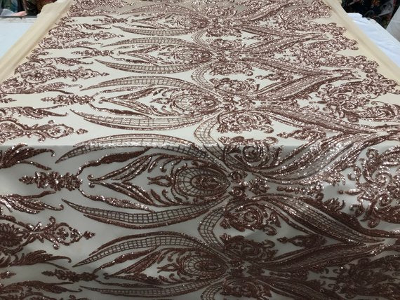 Big Damask Sequins Fabric - Khaki - 4 Way Stretch Damask Sequins Design Fabric By Yard