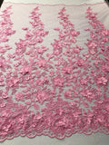Gum Pink 3D Floral Design Embroider With Pearls On A Mesh Lace Dresses-Prom-Nightgown By Yard