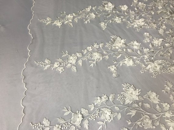 Flower 3D Fabric - Ivory - Embroided Fabric Flower Pearls and Leaf Decor Sold by The Yard