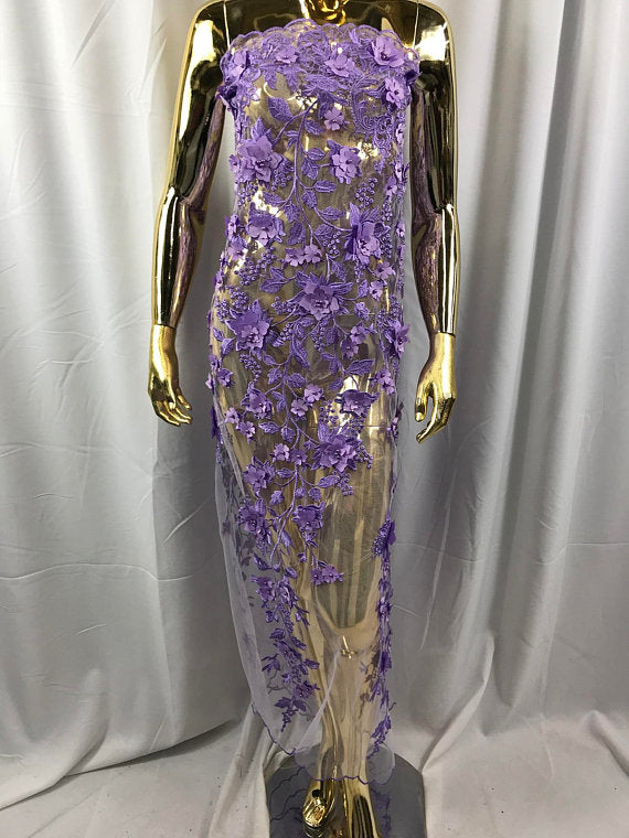 Lilac 3D Floral Design Embroider With Pearls On A Mesh Lace Dresses-Prom-Nightgown By Yard
