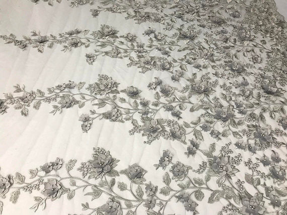 Flower 3D Fabric - Silver - Embroided Fabric Flower Pearls and Leaf Decor Sold by The Yard