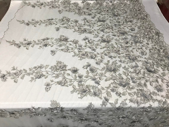 Flower 3D Fabric - Silver - Embroided Fabric Flower Pearls and Leaf Decor Sold by The Yard