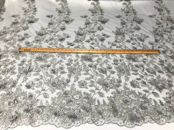 Flower 3D Fabric - Silver - Embroided Fabric Flower Pearls and Leaf Decor Sold by The Yard