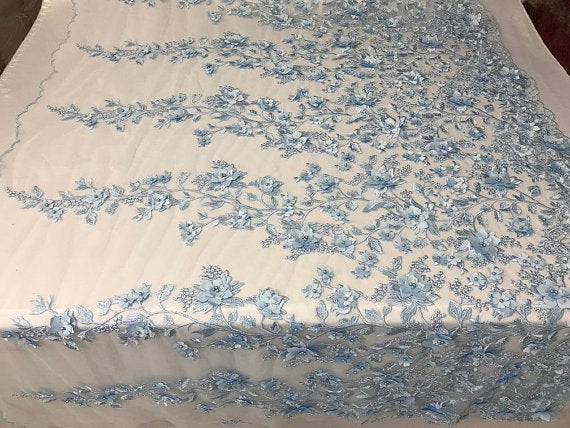 Light Blue 3D Floral Design Embroider With Pearls On A Mesh Lace Dresses-Prom-Nightgown By Yard