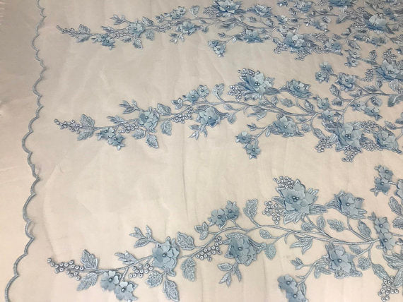 Light Blue 3D Floral Design Embroider With Pearls On A Mesh Lace Dresses-Prom-Nightgown By Yard