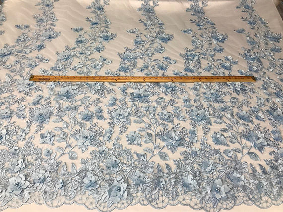 Light Blue 3D Floral Design Embroider With Pearls On A Mesh Lace Dresses-Prom-Nightgown By Yard