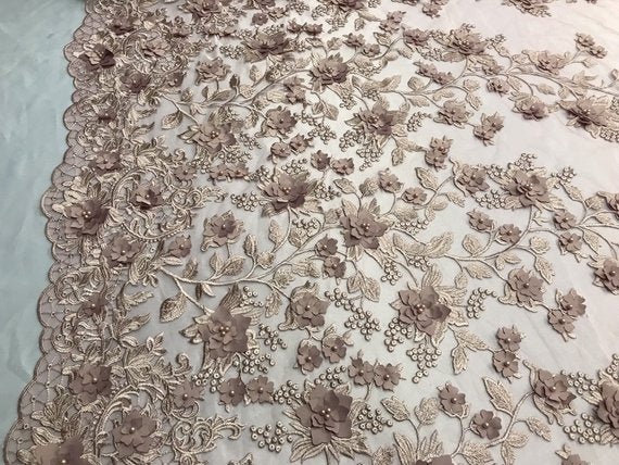 Flower 3D Fabric - Dusty Rose - Embroided Fabric Flower Pearls and Leaf Decor Sold by The Yard