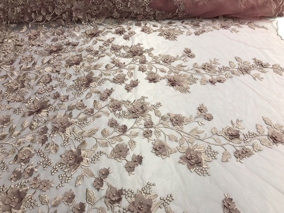 Flower 3D Fabric - Dusty Rose - Embroided Fabric Flower Pearls and Leaf Decor Sold by The Yard