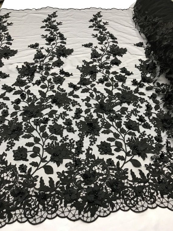 Black 3D Floral Design Embroider With Pearls On A Mesh Lace Dresses-Prom-Nightgown By Yard