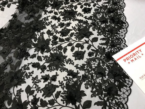 Black 3D Floral Design Embroider With Pearls On A Mesh Lace Dresses-Prom-Nightgown By Yard