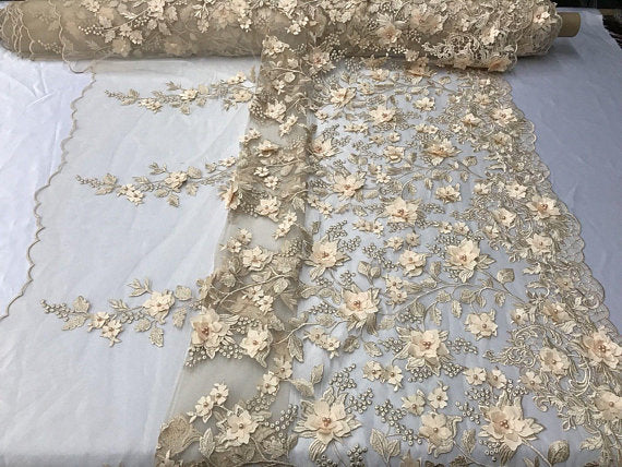 Champagne 3D Floral Design Embroider With Pearls On A Mesh Lace Dresses-Prom-Nightgown By Yard