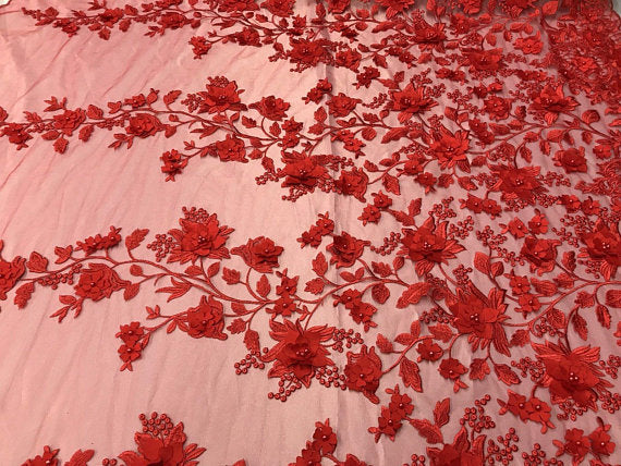 Red 3D Floral Design Embroider With Pearls On A Mesh Lace Dresses-Prom-Nightgown By Yard
