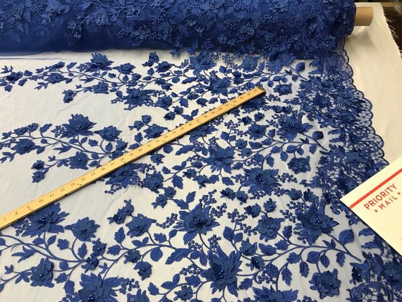 Royal Blue 3D Floral Design Embroider With Pearls On A Mesh Lace Dresses-Prom-Nightgown By Yard
