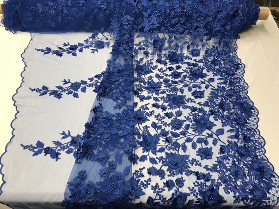 Royal Blue 3D Floral Design Embroider With Pearls On A Mesh Lace Dresses-Prom-Nightgown By Yard