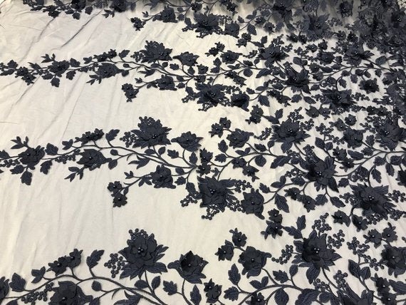 Flower 3D Fabric - Navy Blue - Embroided Fabric Flower Pearls and Leaf Decor Sold by The Yard