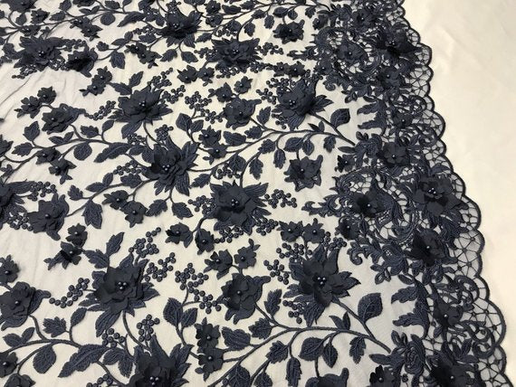 Flower 3D Fabric - Navy Blue - Embroided Fabric Flower Pearls and Leaf Decor Sold by The Yard
