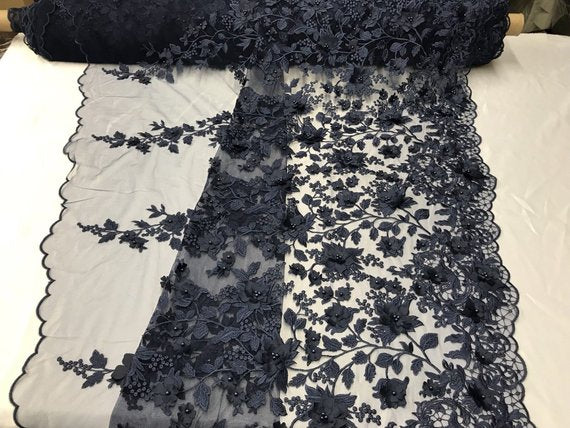 Flower 3D Fabric - Navy Blue - Embroided Fabric Flower Pearls and Leaf Decor Sold by The Yard