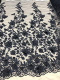 Flower 3D Fabric - Navy Blue - Embroided Fabric Flower Pearls and Leaf Decor Sold by The Yard