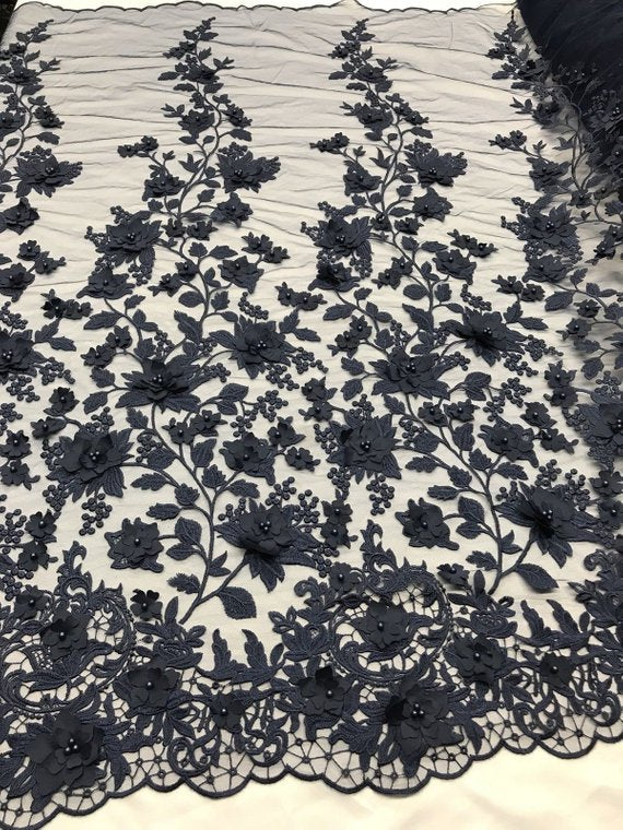 Flower 3D Fabric - Navy Blue - Embroided Fabric Flower Pearls and Leaf Decor Sold by The Yard