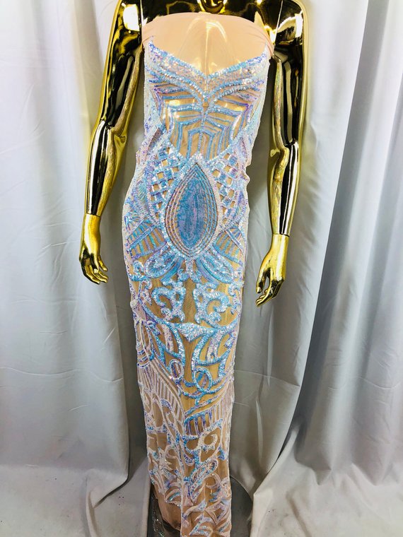 Iridescent Aqua  Sequin - 4 Way Stretch Embroidered Royalty Sequins Fancy Design Fabric By Yard