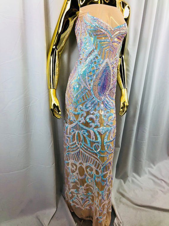 Fabric 4 Way Stretch - Iridescent Aqua Sequins - Embroidered Blush Mesh LaceFabric By The Yard