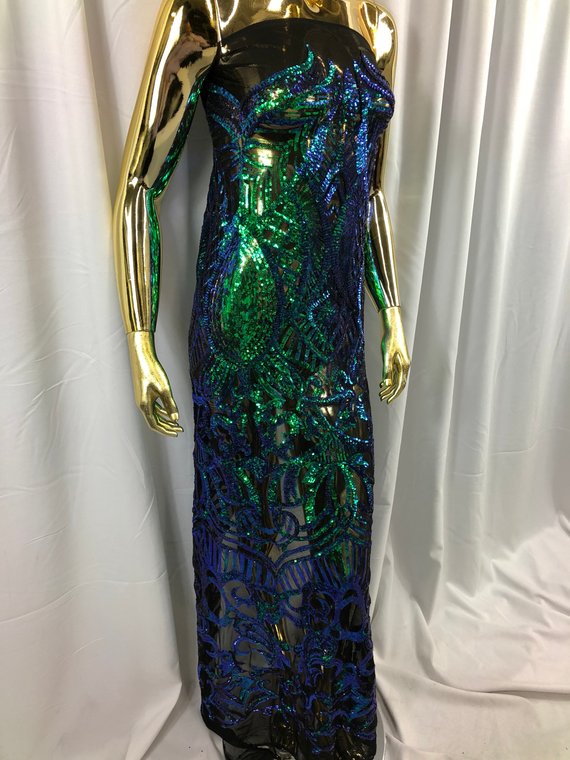 Iridescent Green - 4 Way Stretch Embroidered Royalty Sequins Design Fabric By Yard