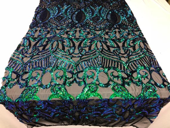 Iridescent Green - 4 Way Stretch Embroidered Royalty Sequins Design Fabric By Yard