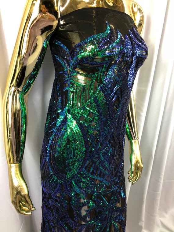 Iridescent Green - 4 Way Stretch Embroidered Royalty Sequins Design Fabric By Yard