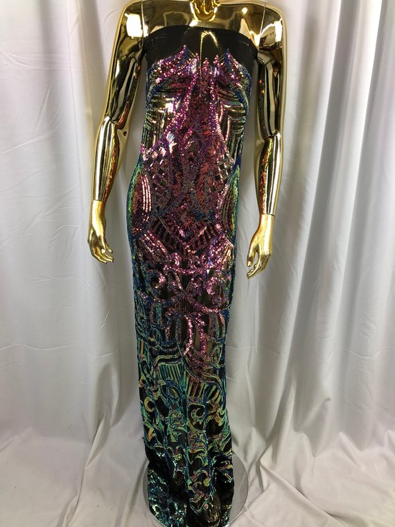 Iridescent Rainbow - 4 Way Stretch Embroidered Royalty Sequins Design Fabric By Yard
