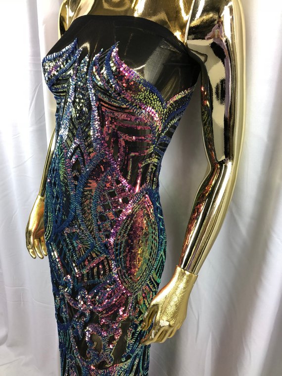Iridescent Rainbow - 4 Way Stretch Embroidered Royalty Sequins Design Fabric By Yard