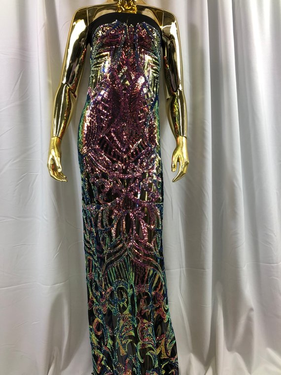 Iridescent Rainbow - 4 Way Stretch Embroidered Royalty Sequins Design Fabric By Yard