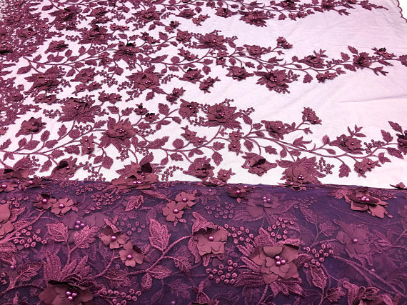 Plum 3D Floral Design Embroider With Pearls On A Mesh Lace Dresses-Prom-Nightgown By Yard