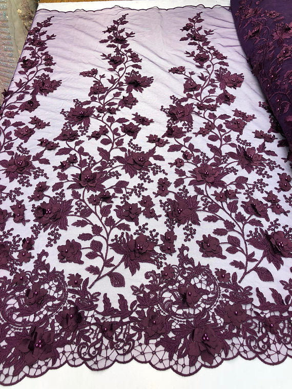 Plum 3D Floral Design Embroider With Pearls On A Mesh Lace Dresses-Prom-Nightgown By Yard