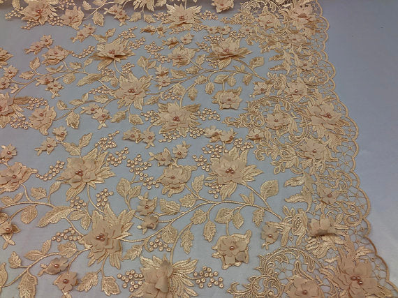 Blush Peach 3D Floral Design Embroider With Pearls On A Mesh Lace By The Yard