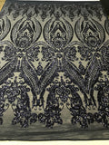 Big Damask Sequins Fabric - Navy Blue - 4 Way Stretch Damask Sequins Design Fabric By Yard