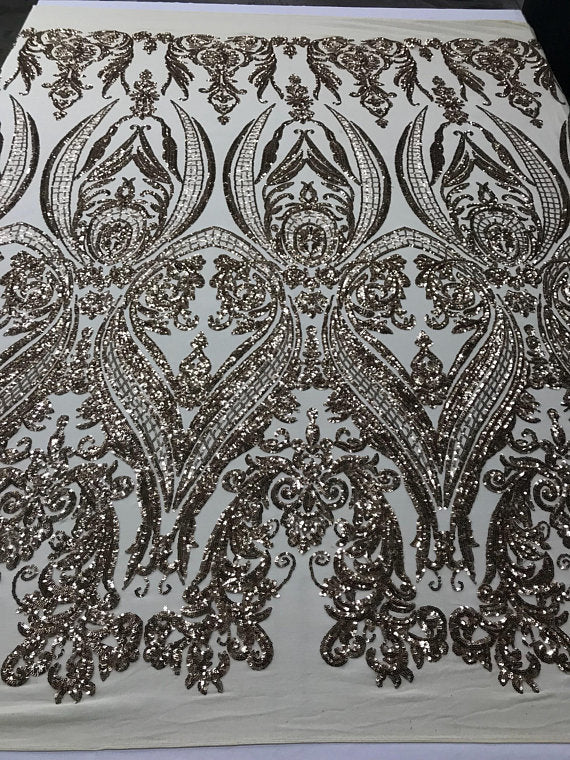 Big Damask Sequins Fabric - Gold - 4 Way Stretch Damask Sequins Design Fabric By Yard