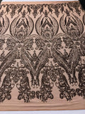 Big Damask Sequins Fabric - Rose Gold  - 4 Way Stretch Damask Sequins Design Fabric By Yard