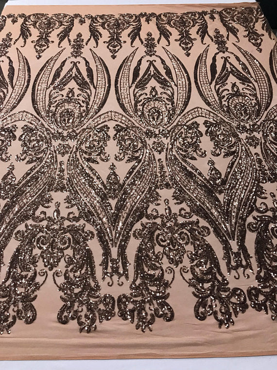 Big Damask Sequins Fabric - Rose Gold  - 4 Way Stretch Damask Sequins Design Fabric By Yard