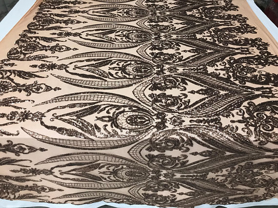Big Damask Sequins Fabric - Rose Gold  - 4 Way Stretch Damask Sequins Design Fabric By Yard