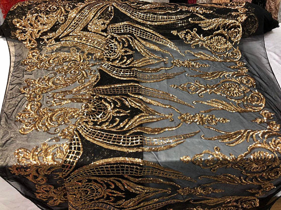 Big Damask Sequins Fabric - Gold - 4 Way Stretch Damask Sequins Design Fabric By Yard