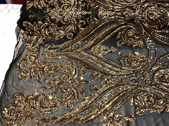 Big Damask Sequins Fabric - Gold - 4 Way Stretch Damask Sequins Design Fabric By Yard