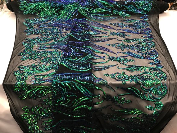Big Damask Sequins Fabric - Iridescent Jade - 4 Way Stretch Damask Sequins Design Fabric By Yard