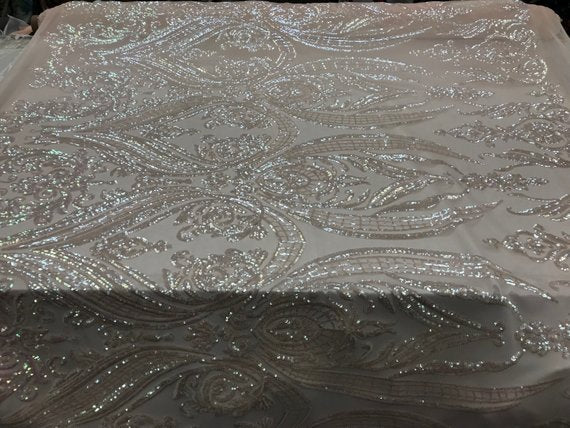 Big Damask Sequins Fabric - Iridescent Pink - 4 Way Stretch Damask Sequins Design Fabric By Yard