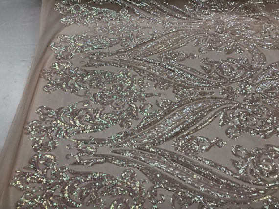 Big Damask Sequins Fabric - Iridescent Pink - 4 Way Stretch Damask Sequins Design Fabric By Yard