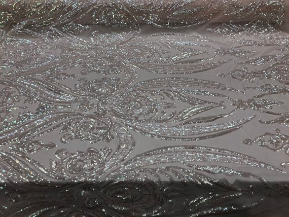 Big Damask Sequins Fabric - Iridescent Pink - 4 Way Stretch Damask Sequins Design Fabric By Yard