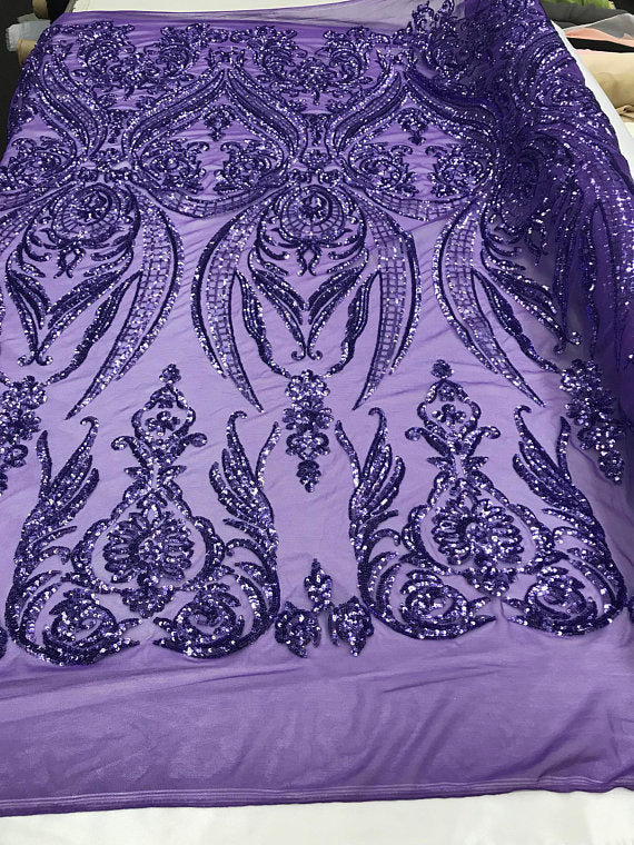 Big Damask Sequins Fabric - Lilac - 4 Way Stretch Damask Sequins Design Fabric By Yard