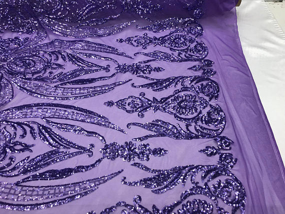 Big Damask Sequins Fabric - Lilac - 4 Way Stretch Damask Sequins Design Fabric By Yard